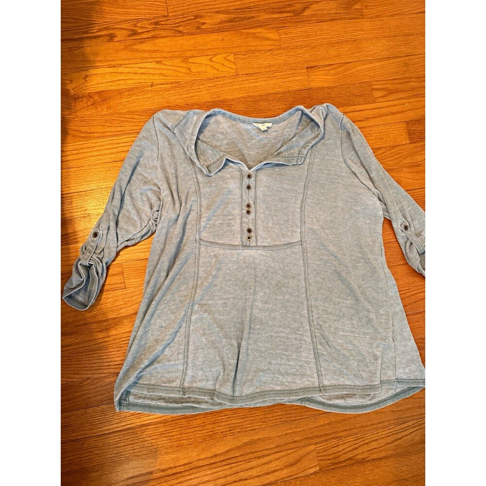 June and January Blue Solid Henley Neck Knit Top 3/4 Sleeve 2X Plus